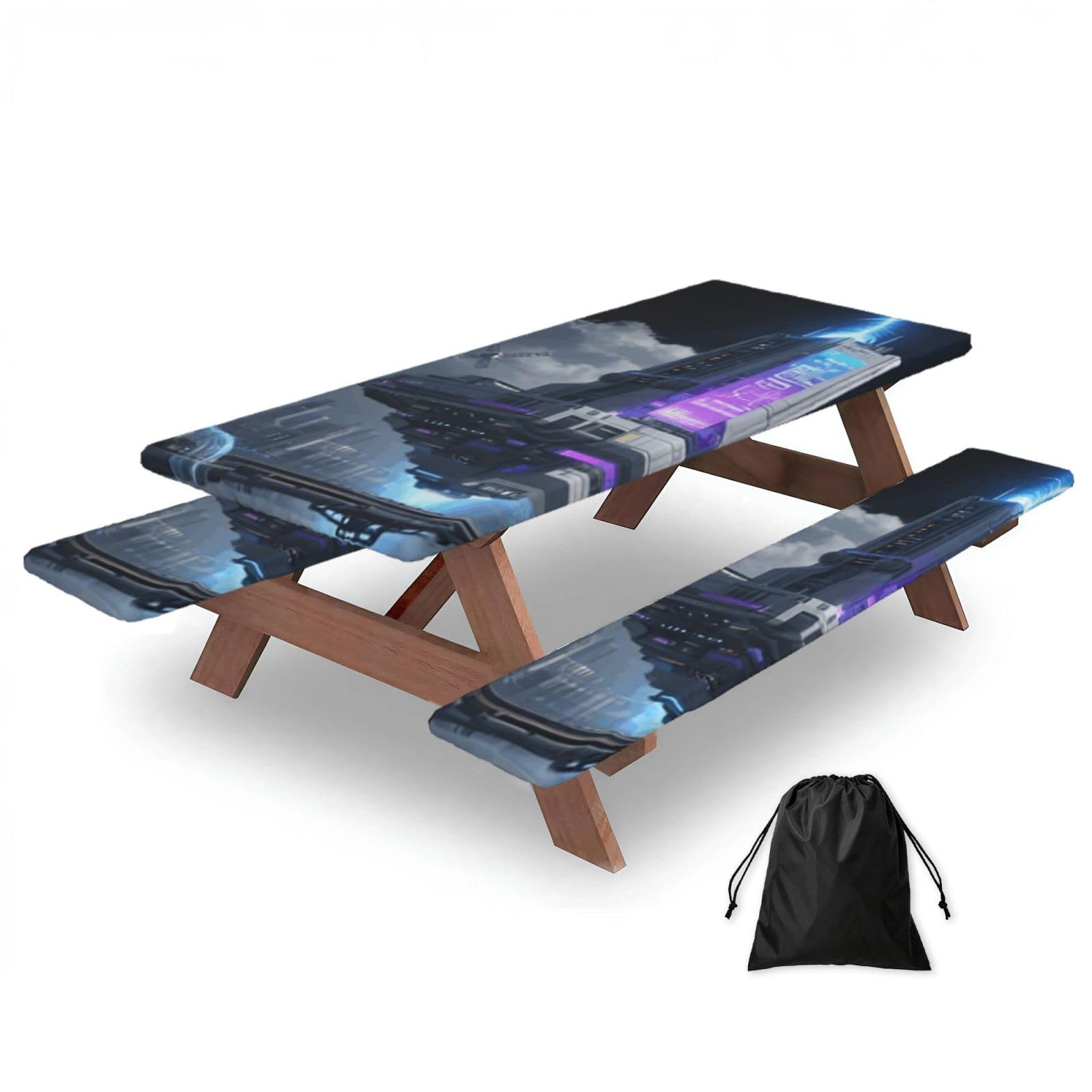 FekiLoot Sci-Fi Style Picnic Table Cover with Bench Covers and Bag, Windproof Waterproof Rectangle Tablecloth with Elastic Edges Fitted Camping Table Covers for Picnic Party Travel