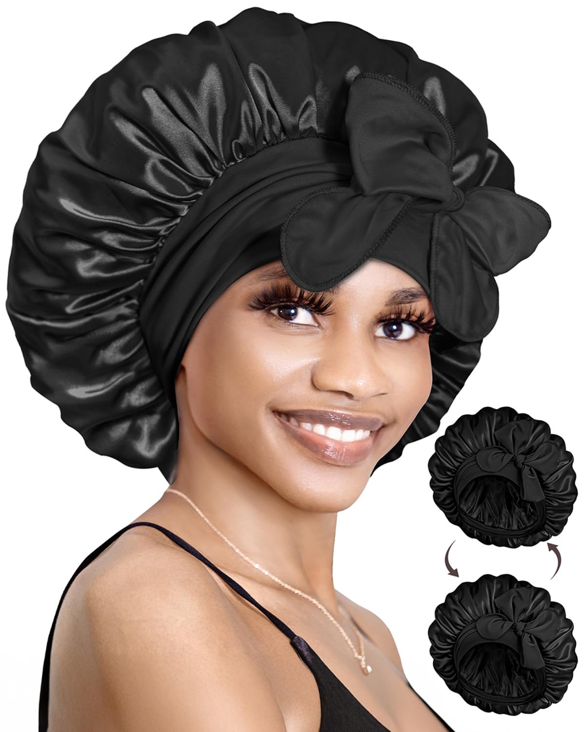BONNET QUEEN Reversible Silk Satin Sleeping Bonnet Double Layer Adjustable Bonnets Curly Braids Wig Natural Hair Wrap Night Hat Cap Band Shower M Black