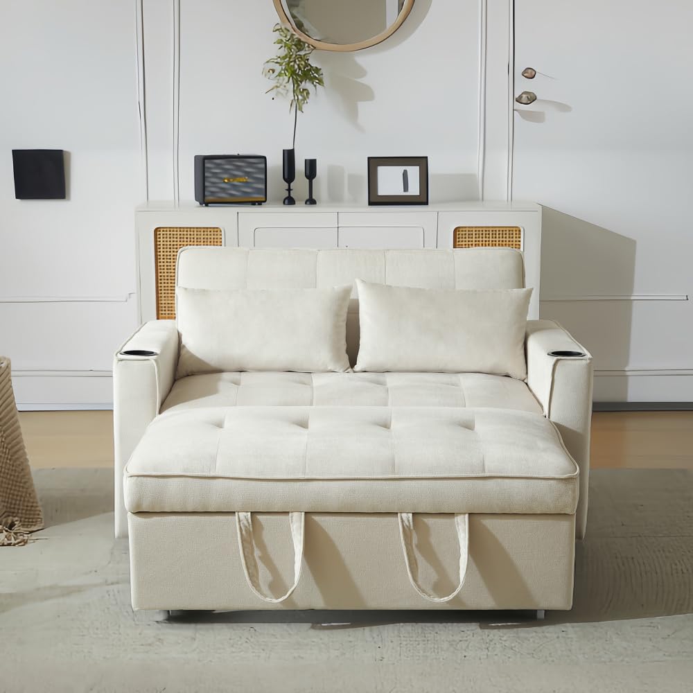 Sofá Cama Plegable, sofá Cama Multifuncional, sofá Lounge con portavasos y Cojines, para salón, Dormitorio (Beige + Terciopelo)