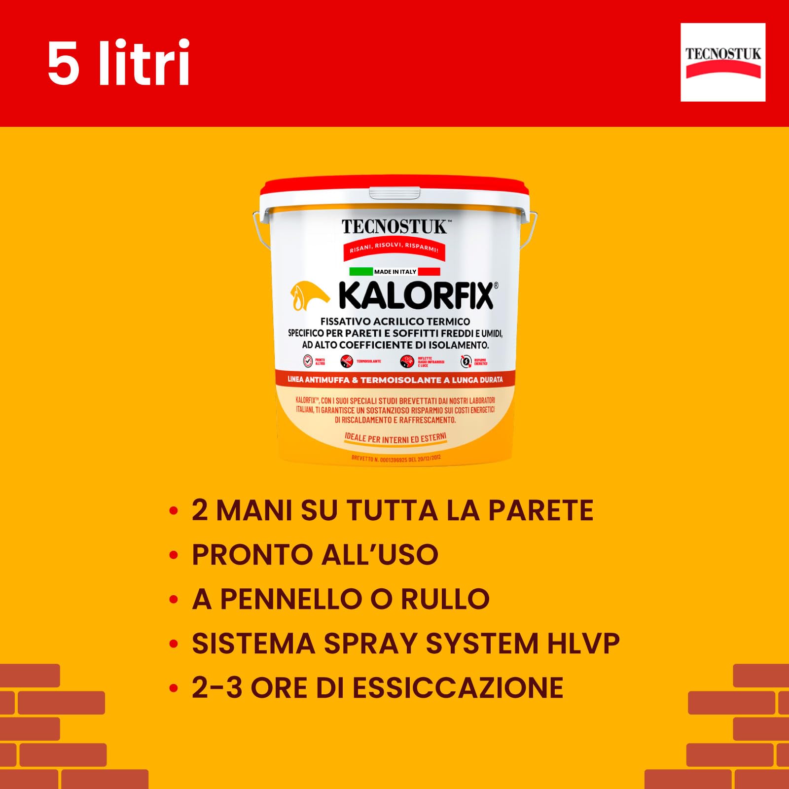 Eurocali Kalorfix Tecnostuk lt.5 Fissativo Isolante Termico per Muri Interni ed Esterni Made in Italy - Resina Acrilica in Emulsione con Microsfere di Vetro per Isolare