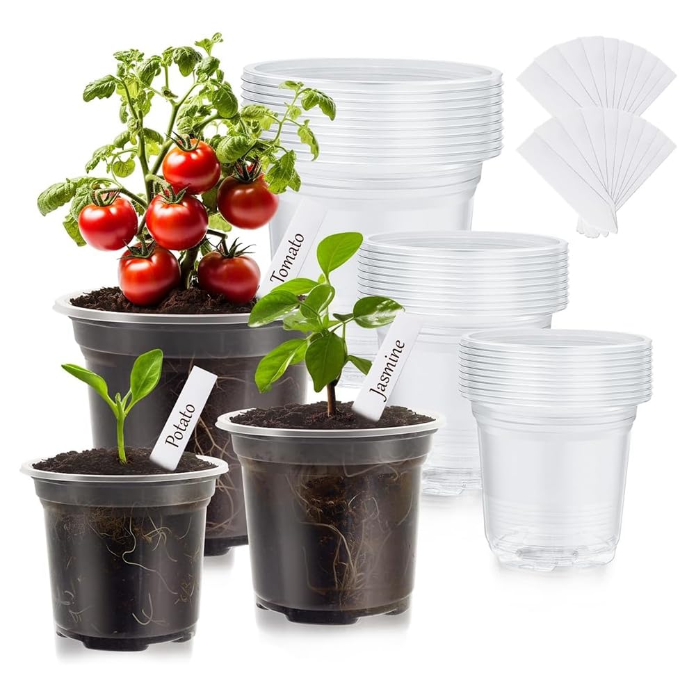 Aundhegrtt For Plants Clear Nursery Pots 30 Packs, 3.5 4 5 Inch Transparent Plastic Seedling Pots with Drainage Holes and 20 Labels Included