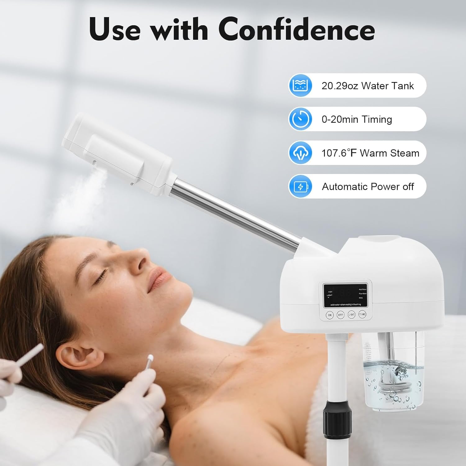750 W Vapozone vapore facciale vapore viso con luce LED vaporizzatore Vapozone estetica professionale regolabile in altezza, adatto per salone di bellezza, casa, soggiorno(bianco)