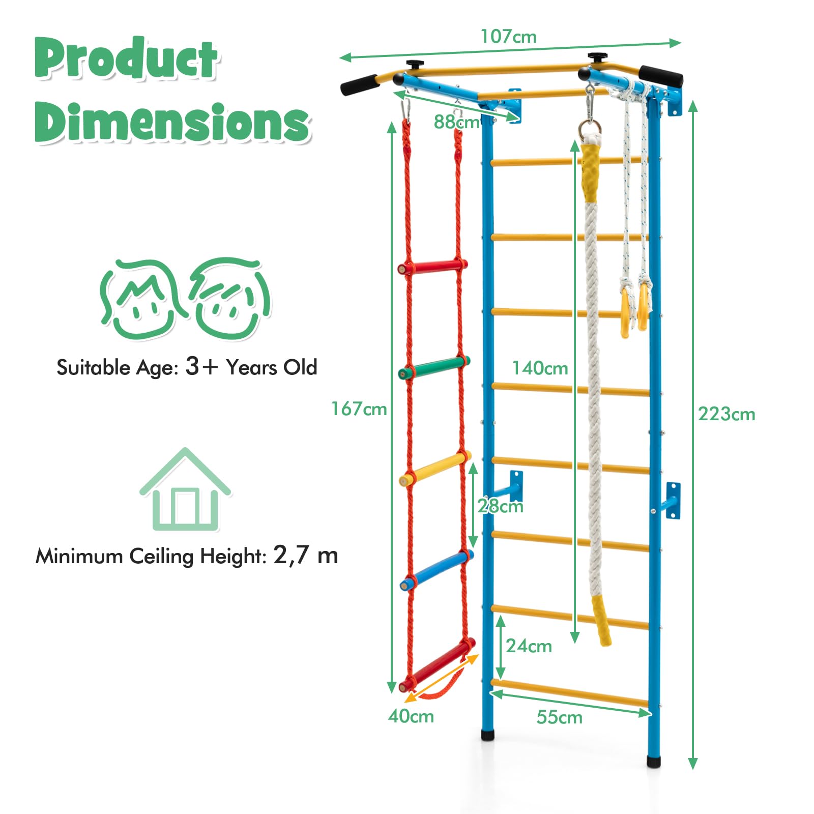 HOMASIS Escalera Sueca Mural 5 en 1, Espalier de Madera con Barra de Tracción, Escalera de Cuerda, Cuerda y Anillos de Gimnasia, Juego de Escalada para Adultos y Niños de 3 Años+ (Amarillo)