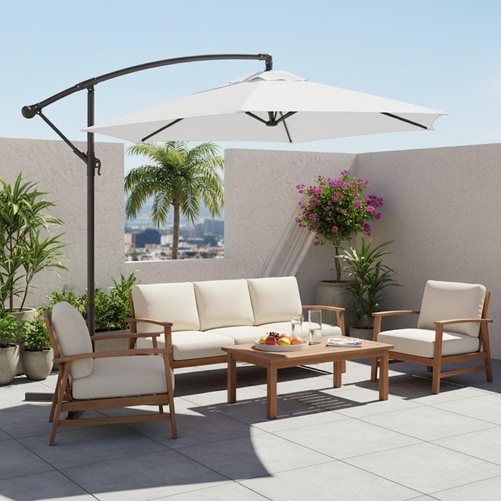 MONTY Parasol excéntrico de Ø300 cm, mástil Ø48mm de Acero Gris, con Antiviento y Manivela, Giratorio 360º, Elegante y Duradero, tratamiento Anti-corrosión, para Exterior