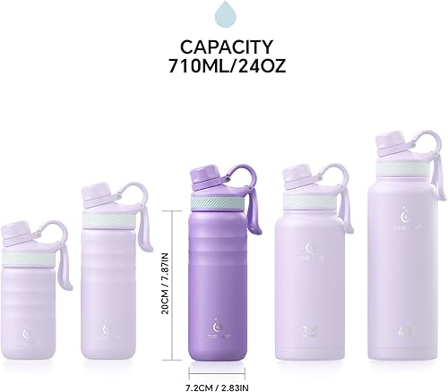Miniatura 7 de IDEUS Botella de agua aislada de acero inoxidable con 2 tapas a prueba de fugas, termo para senderismo, ciclismo, 24 onzas, violeta