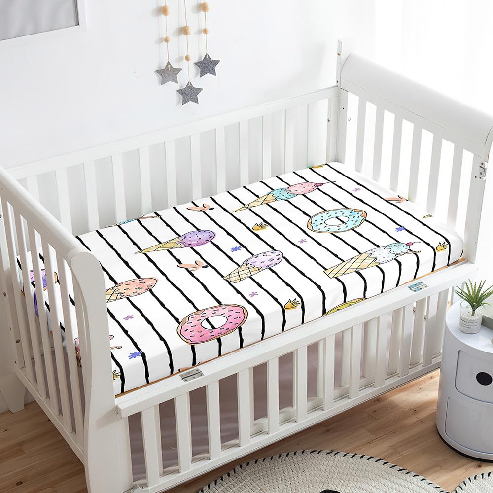 Odot Cot Bed Sheets, Ice Cream Print Bedside Cribs Fitted Sheets, Baby Bed Sheets Microfiber Cot Bed Mattress Protector, Bassinet Sheets, Easy Care Soft and Dureable (Stripes,60x120 cm)