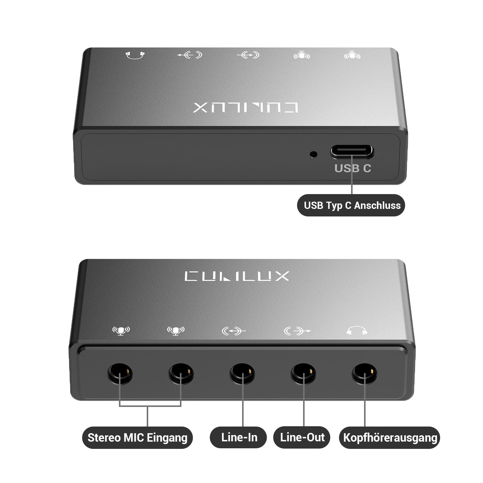 Cubilux CB5 USB Audiointerface, USB zu 3,5 mm Soundkarte mit Stereo Mikrofoneingang, Line In, Line Out, Kopfhörerausgang, für Recording, Streaming, Podcast, Windows, Mac OS