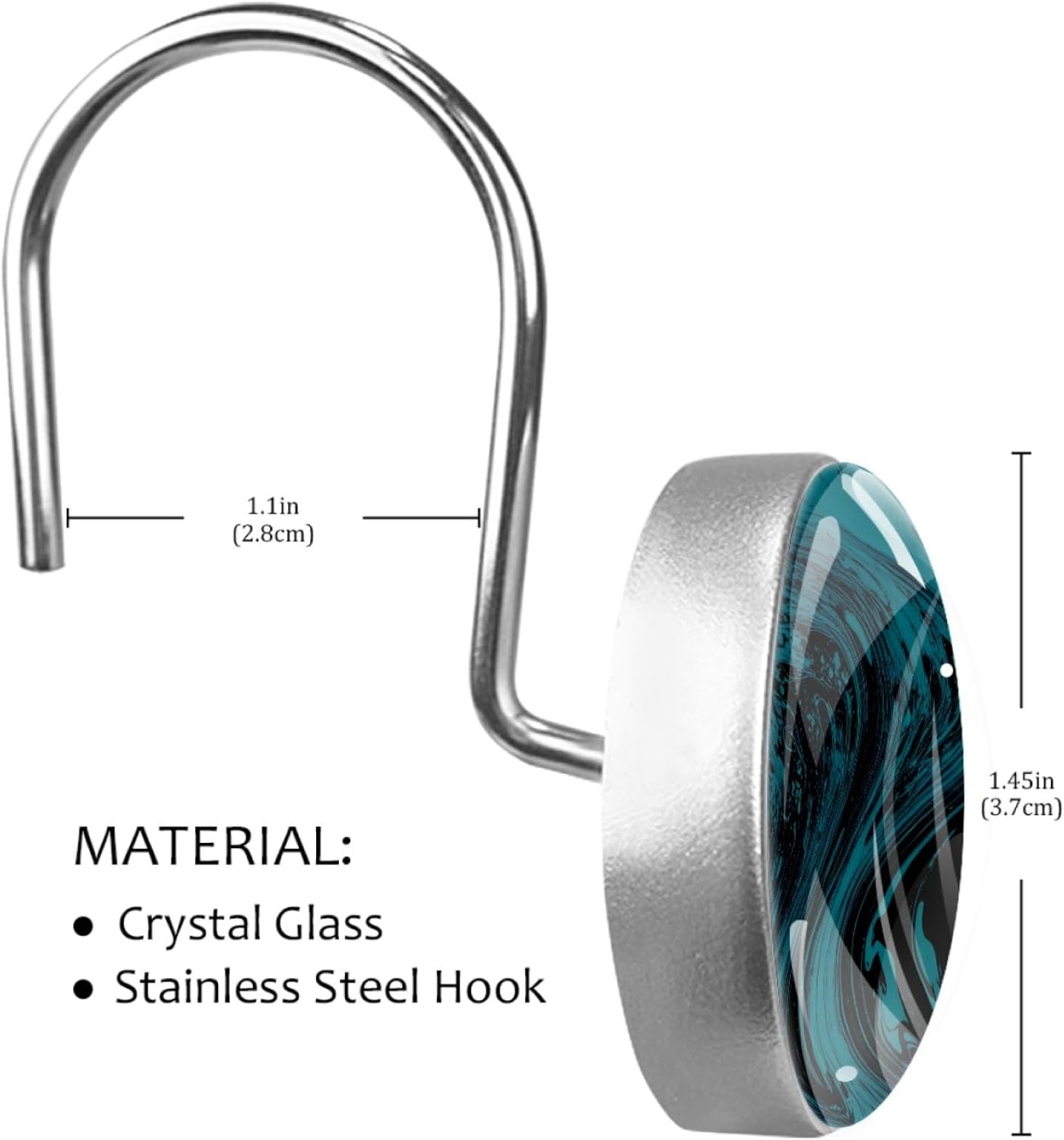 12 Packs Teal Marble Shower Curtain Hooks, Stainless Steel Glass Shower Curtain Rings for Bathroom Decor, Metal Rustproof Curtain Rod Hooks