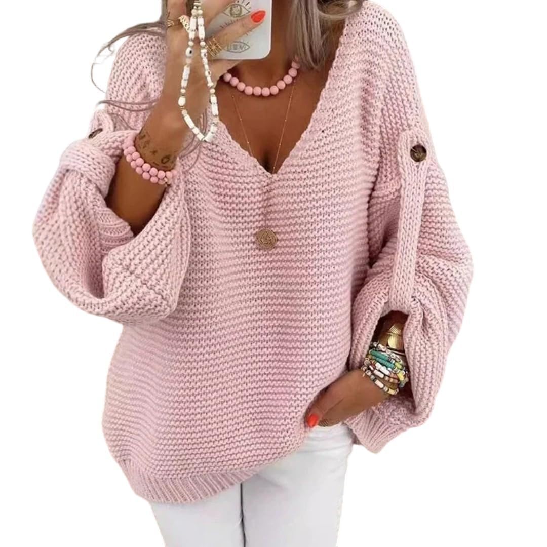 Womens Knit Sweater Long Sleeve V Neck Fall Winter Casual Chunky Knitted Pullovers Jumper Tops