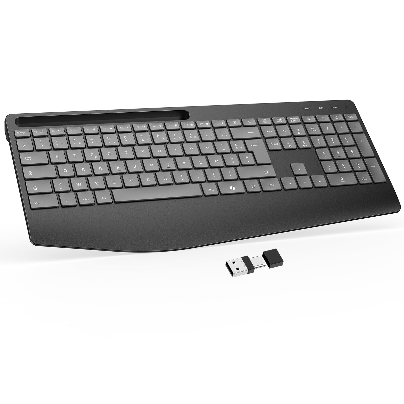 OMOTON Clavier sans Fil AZERTY Français, 2,4G Clavier Ergonomique Rechargeable avec Repose-Poignet, Wireless Keyboard Rétroéclairé, Compatible PC Windows/Linux, Idéal Bureau, Gris Graphite