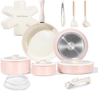 Chef Power Ceramic Nonstick Pots and Pans Set 19 Piece with Detachable Handle, Induction Dishwasher Oven Safe Cookware Set, RV Kitchen Set Removable Handle Light Pink