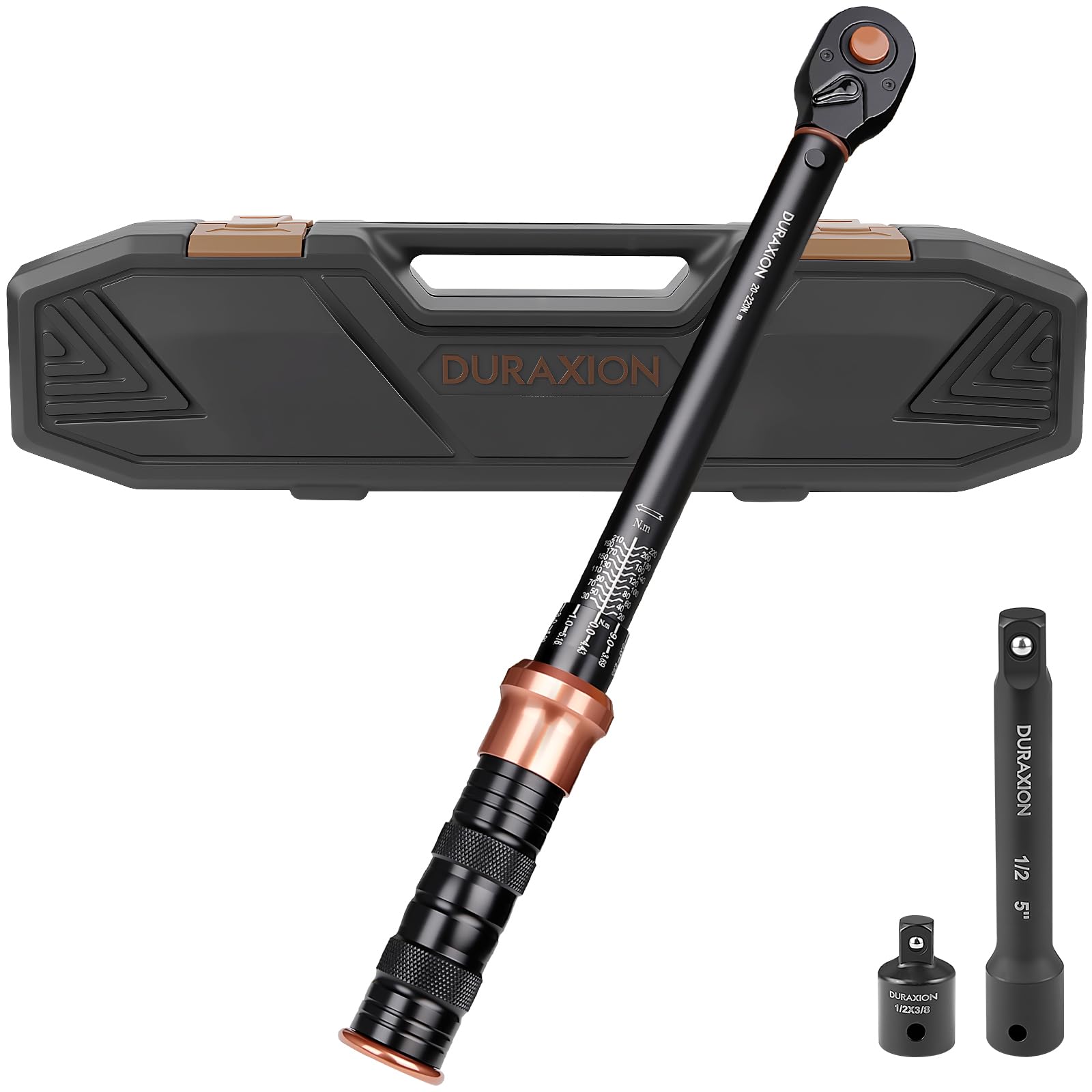 DURAXION トルクレンチ 車 プレセット型 差込角12.7 mm (1/2インチ) 20-220N.m タイヤ交換 バイク用 自動車 エンジン 作業工具 オートバイ 機械の整備 高精度 正方向±3％ 逆方向±5％ 見やすいダブル目盛り 左右回転 72ギア 5°送り角 快速着脱 小型 手動 機械式 軽量 校正証明書 日本語取扱説明書 収納ケース付き