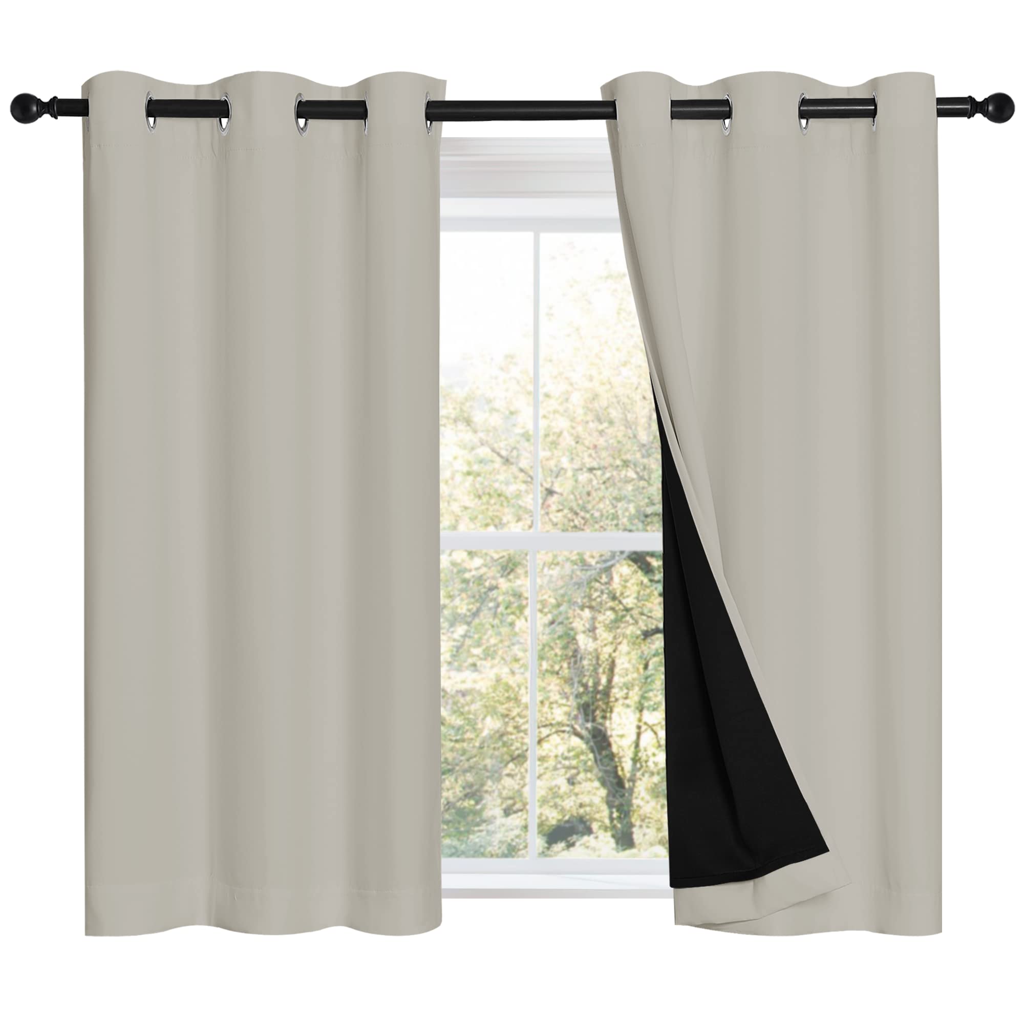 NICETOWN Natural 100% Blackout Curtains 45 inches Long, 2 Thick Layers Completely Blackout Window Treatment Thermal Insulated Lined Drapes for Small Window (1 Pair, 42 inches Width Each Panel)