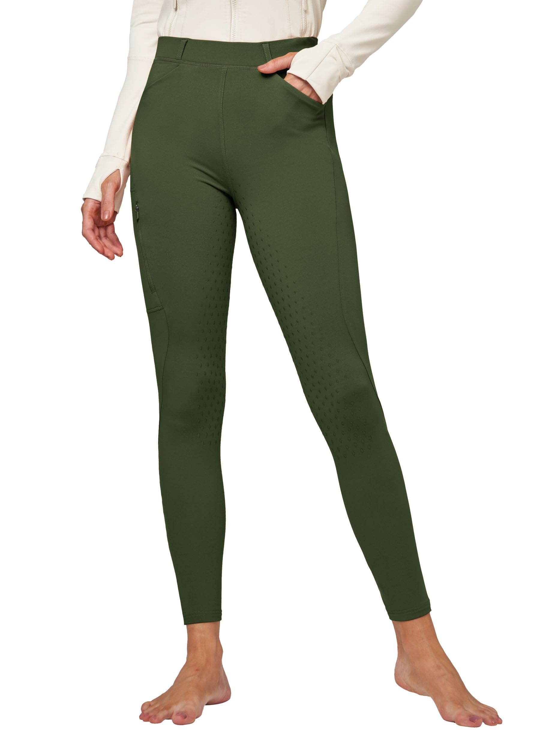WILLIT Pantaloni da equitazione da donna, invernali, foderati, in pile, con inserti completi, per equitazione, equitazione, pantaloni termici con tasche, passanti per cintura, verde militare, S