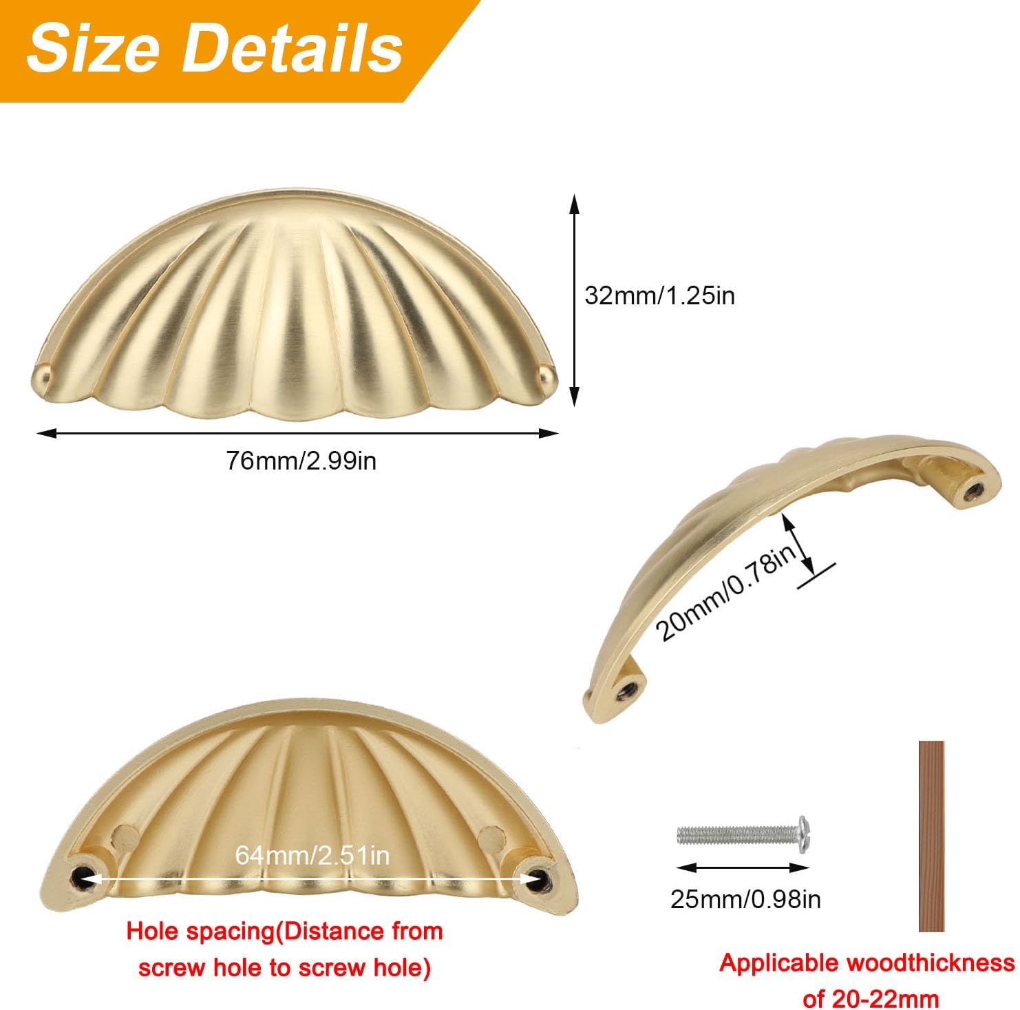 Shell Cup Handles Vintage Semi Circle Cabinet Knobs for Furniture Kitchen Cupboard Dresser Drawer Door Decorative Knob Double Hole Drawer Pulls 4 Pcs (Gold)