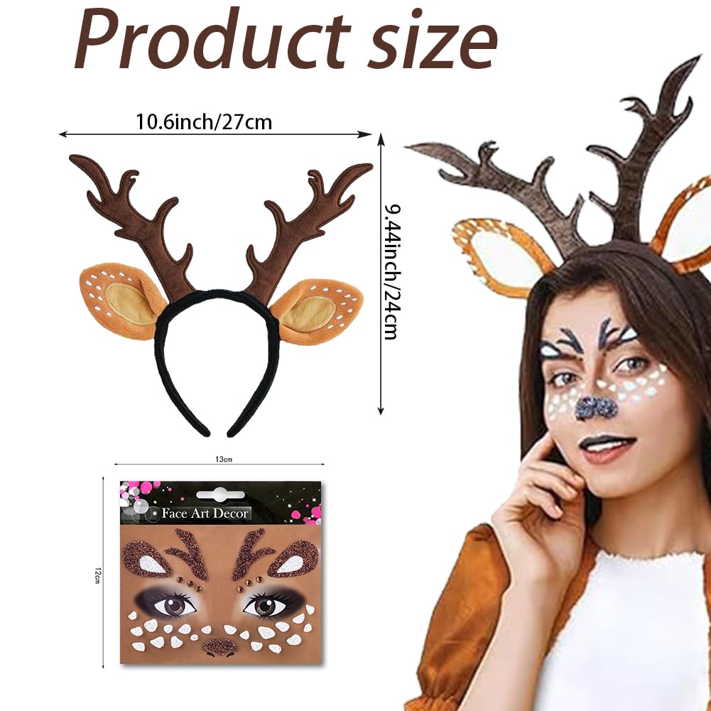 HTGWCG Reindeer Headband Costume Kit, World Book Day Girls Deer Antlers Horns Deer Ears Headband Deer Face Tattoo Stickers - Image 2