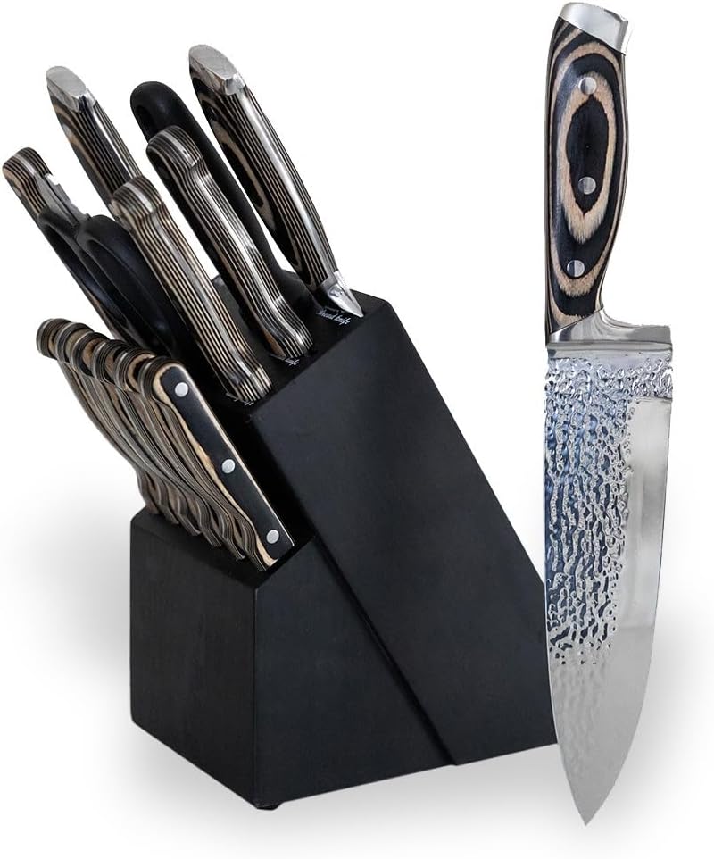 Juego de cuchillos de cocina Juego de 15 cuchillos de acero de alto carbono con afilador, tijeras y soporte Mango ergonómico de madera Cuchillos