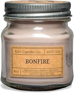 ECO CANDLE CO. Mason Jar Candle, Bonfire, 8 oz. - Scents of Smoldering Wood, Smoke, & Incense - 100% Soy Wax, No Lead, Kraft Label & Antiqued Pewter Lid, Hand Poured, Made from Midwest Grown Soybeans