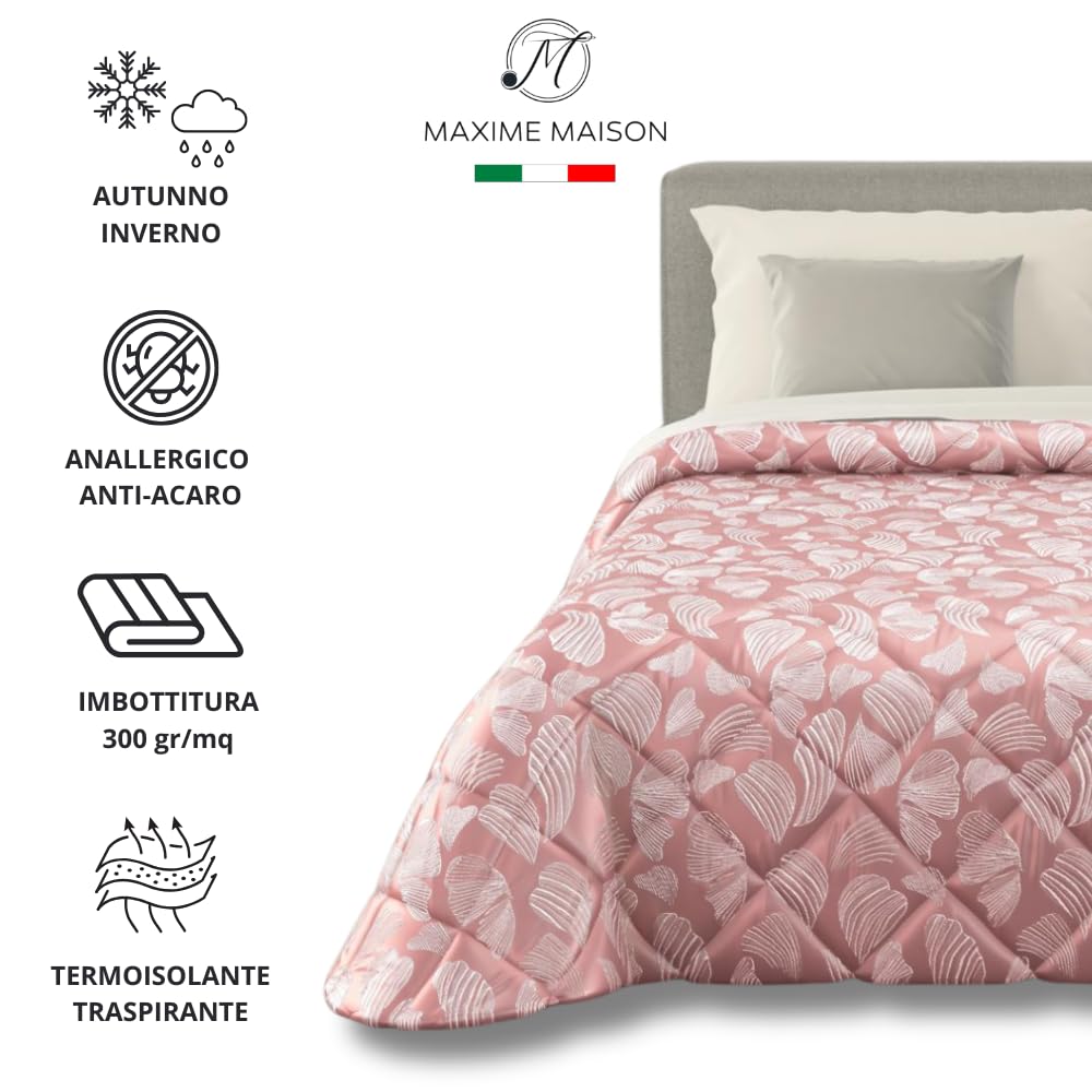 MAXIME MAISON - Trapunta Una Piazza e Mezza Invernale (300gr/mq) Piumone Una Piazza e Mezza, Copriletto Coperta Calda in Pregiato Raso Jacquard per Stagioni Fredde, Made in Italy (Shell Rosa)