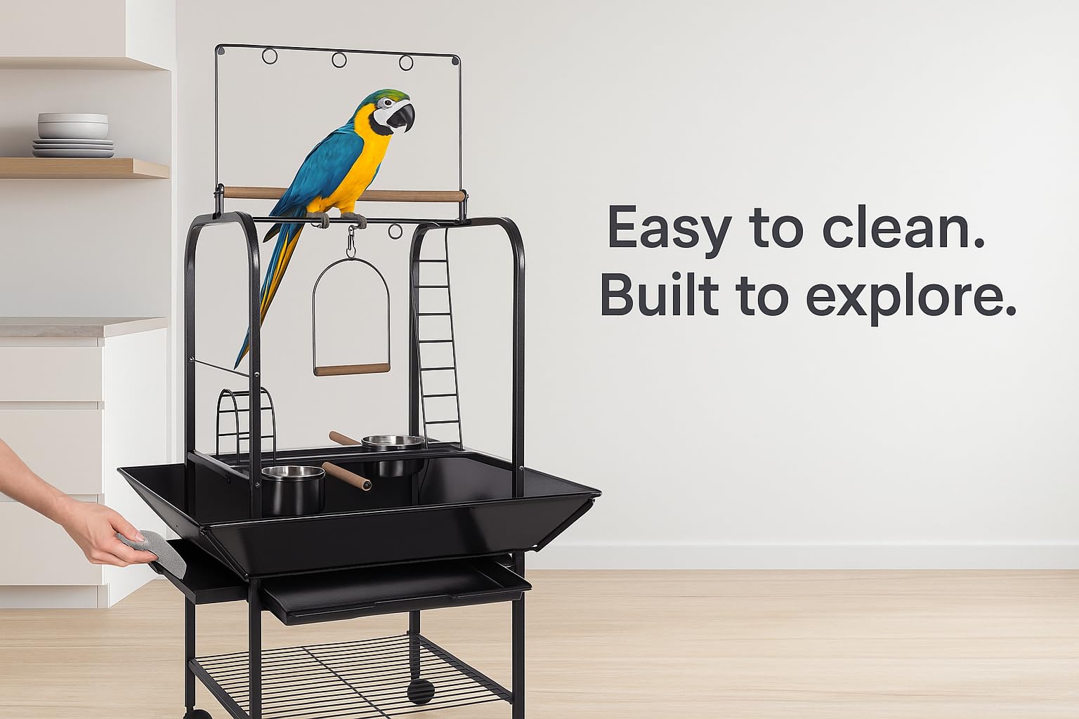 FLAMINGO Support de Jeu Wodan pour Oiseaux – Anthracite – 66x64x141 cm – avec Balançoire et Échelles