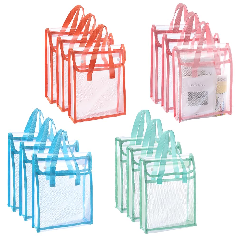 PH PandaHall 12pcs Clear Book Pouches 4 Colors Handles Book Bag Document Organizer Storage Bags Mesh File Pouch Plastic Project Bags for School Classroom Library Students Supplies, 33x26.5cm