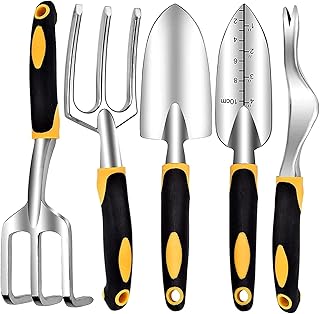 5 Piece Garden Tool Set, Stainless Steel Planting Tools Heavy-Duty Gardening Kit Trowel, Rake, Weeder, Spade, Cultivator, Metal Hand Digging Planting Cultivator for Womens Mens Kids Gardener