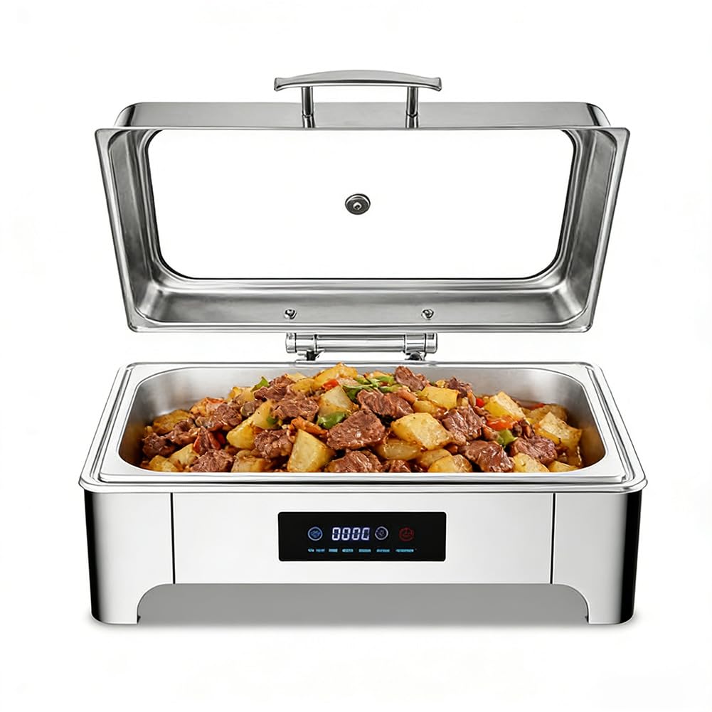 Juego de bandejas de calentamiento de bufé, acero inoxidable de 400 W con tapas hidráulicas transparentes, diseño sensible al tacto, ideal para fiestas y servicios de catering