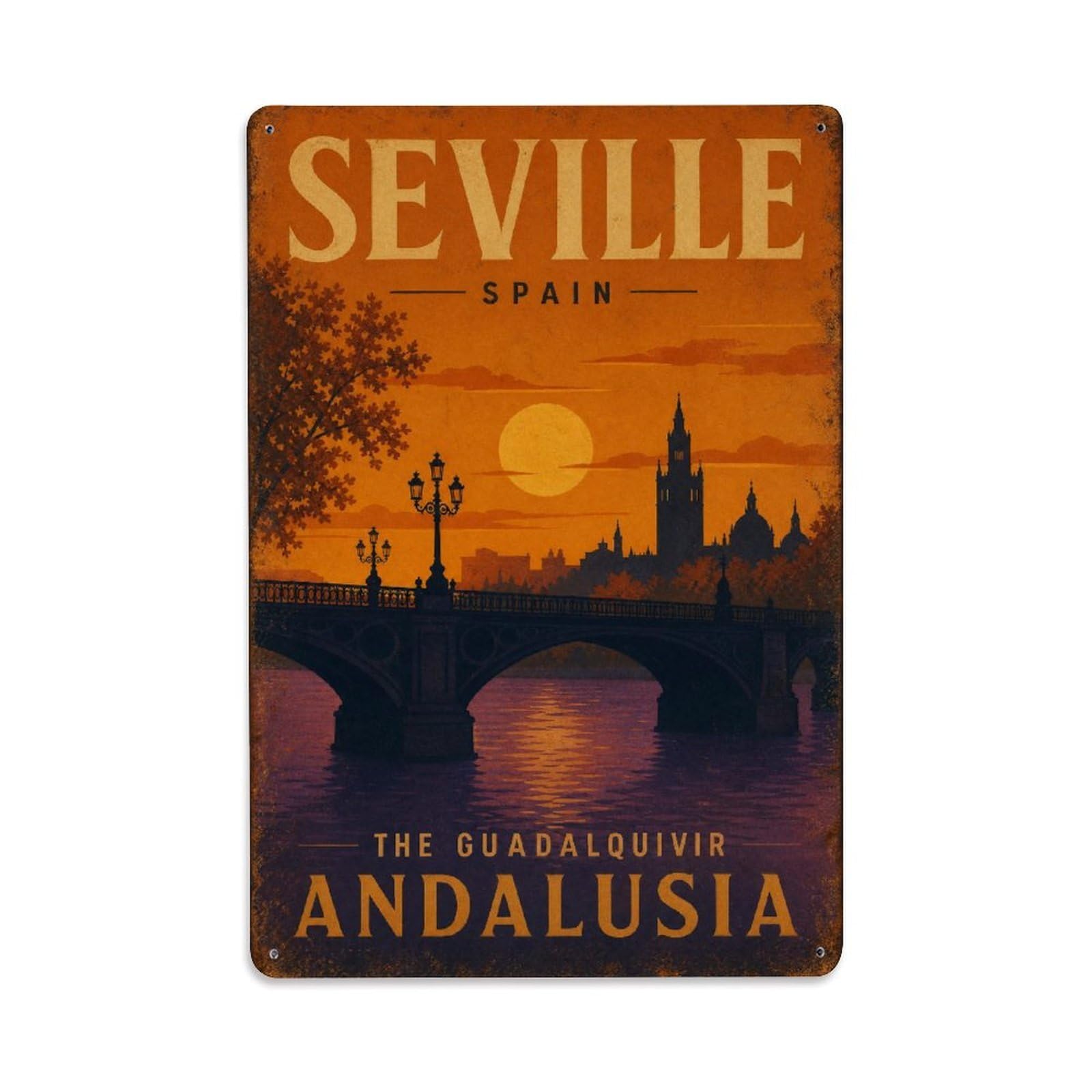 Yrnq 08X12inch Vintage Style Vintage Guadalquivir Bridge Sunset Silhouette Orange Spain Metal Tin Sign