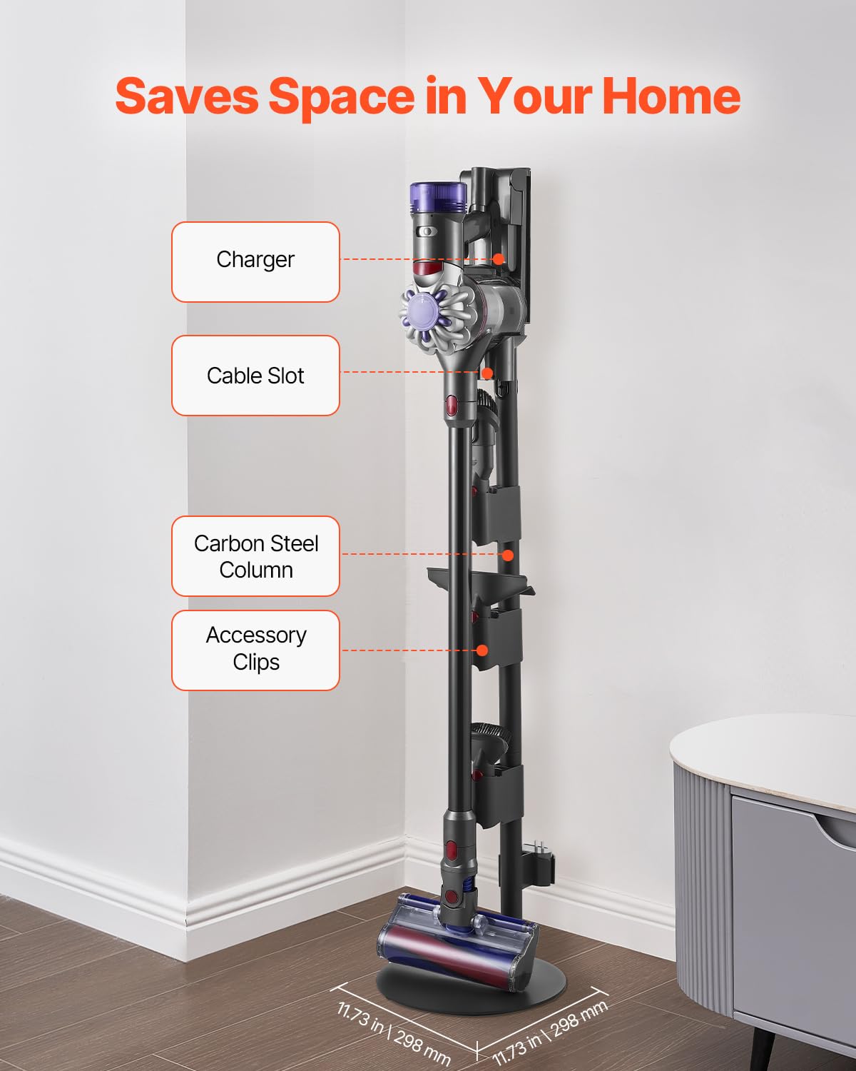 VEVOR Support d'Aspirateur pour Dyson V7, V8, V10, V11, V12, V15, Porte-aspirateur Vertical Stable avec Accessoires, 3 Clips de Rangement de Brosses, 4 Patins Antidérapants, pour Espaces Restreints