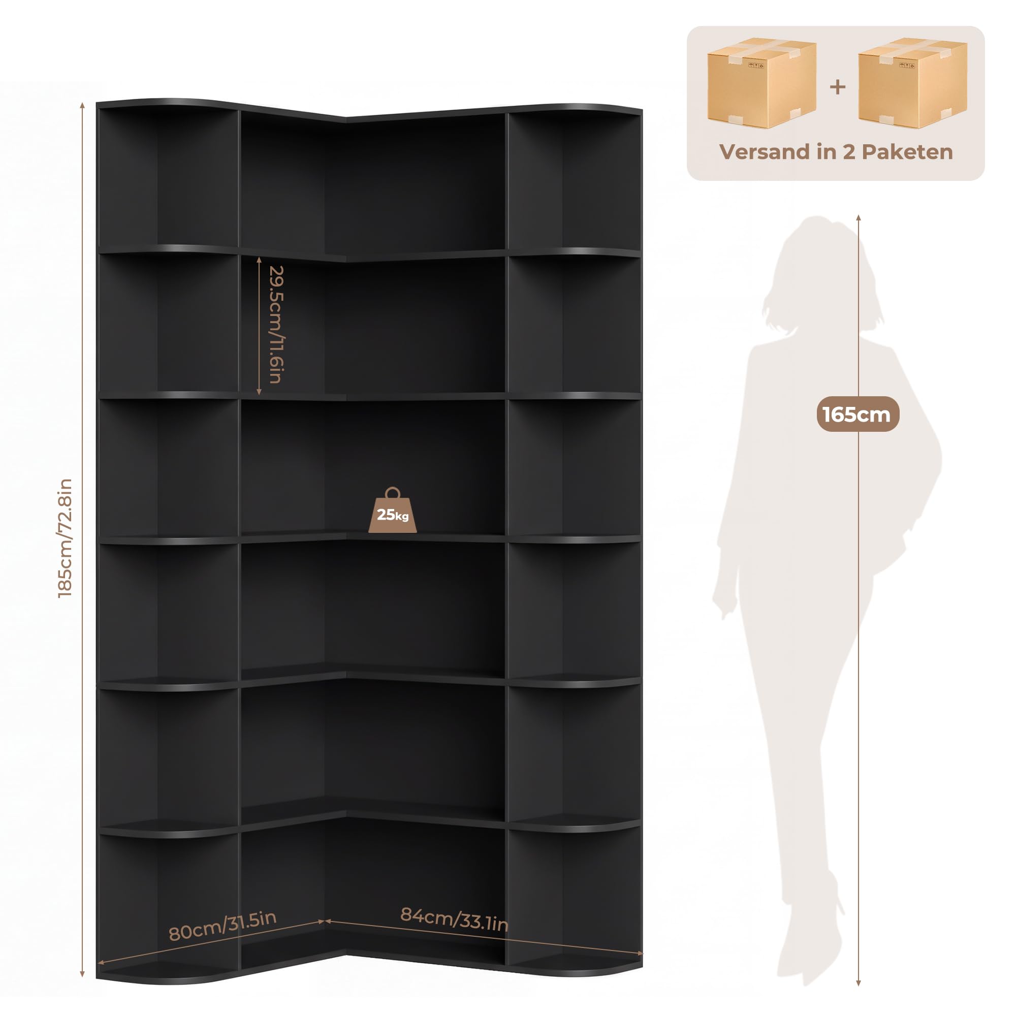 FirFurd 185 cm Eckregal Bücherregal Ecke Eckschrank mit 6 Ebenen schwarz | Eckbücherregal stehend, Bücherschrank L-förmig, Eckvitrine für Arbeitszimmer, Wohnzimmer, Bibliotheken, 80 x 84 x 185 cm