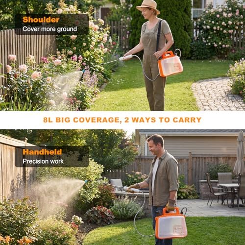 8 Liter Akku-Sprühgerät, Elektrisches Unkrautsprühgerät mit USB-wiederaufladbarem Griff und Teleskopsprührohr, 3 Düsen, auslaufsicher für Rasen, Garten, Farm (Orange)