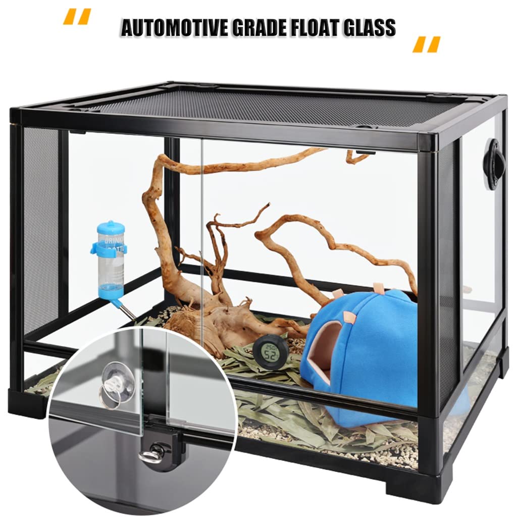 Terrario de vidrio grande para reptiles, anfibios, caja de cría de hábitat de vidrio, pantalla superior con vista completa, ventilación y diseño de bloqueo de seguridad para pequeños (negro 60x45x45cm