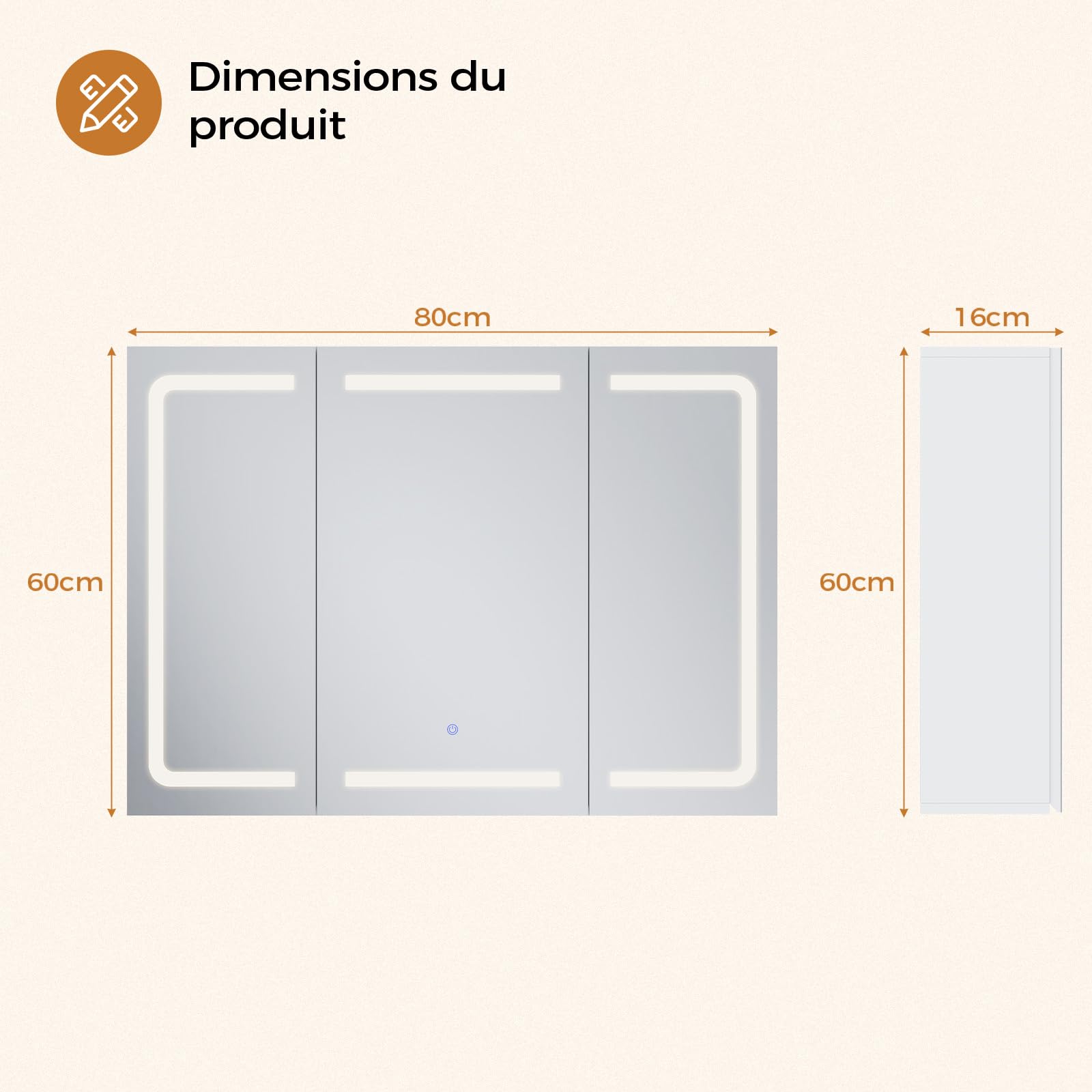 Armoire Salle de Bain avec Miroir LED Lumineux 3 Températures + Intensité Réglable, Prise Électrique (2 AC + 2 USB), Capteur Tactile - 3 Étagères Réglables -Design Moderne 60x80x16 cm(HxLxP)