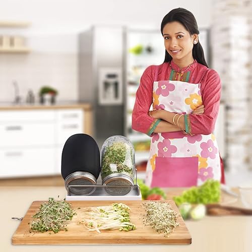 Miniatura 7 de Kit de tarros de germinación, 2 tarros grandes de boca ancha con tapas de brotes de pantalla de acero inoxidable 316, mangas opacas, bandeja,