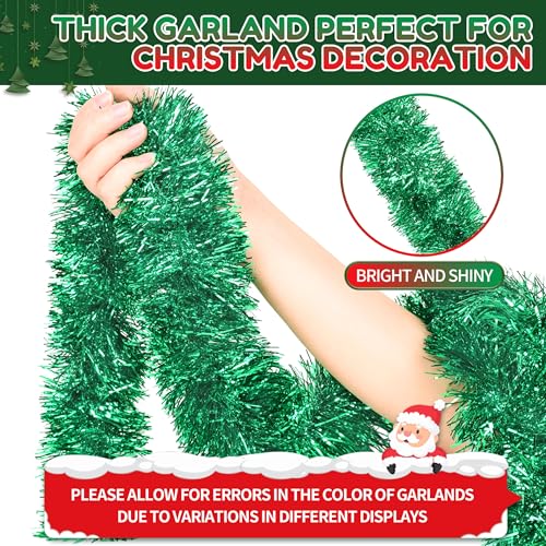 Image of 50 Ft Christmas Tinsel Garland Green Thick Tinsel Garland Xmas Tree Decorations Metallic Tinsel Twist Garland for Christmas, Birthday, Party Decor Indoor Outdoor Party Supplies
