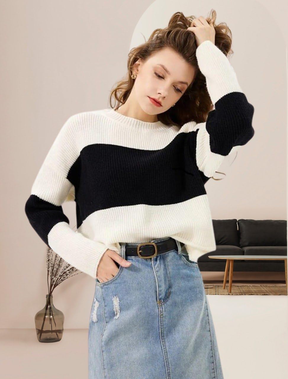 Women's Striped Knit Sweater, Black and White Colour Block, Round Neck, Long Sleeve Pullover-picture-32