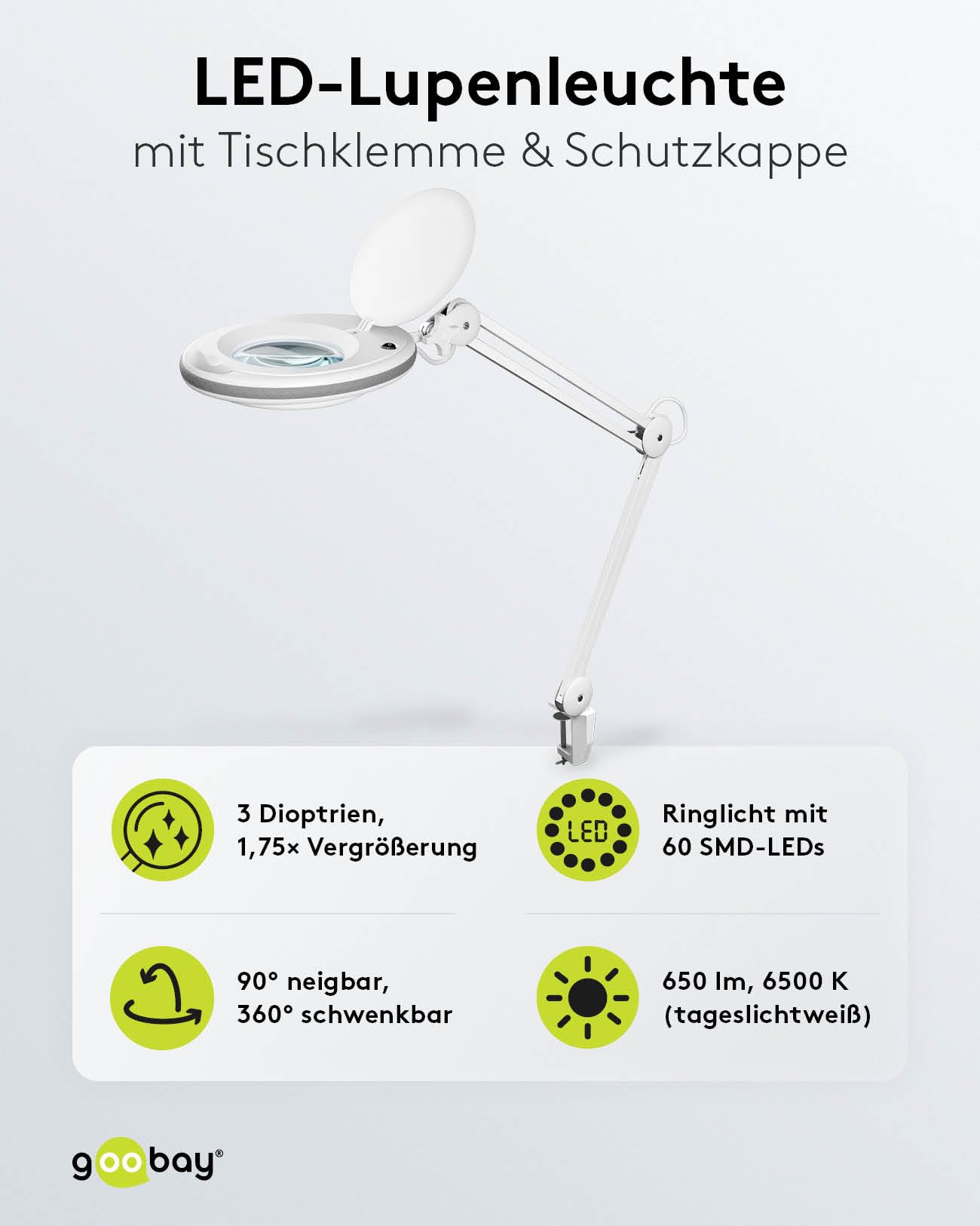 goobay Lupenleuchte/LED Lupenlampe aus Plastik / 8 W Leistungsaufnahme, Farbtemperatur 6500 K/Lichtstrom 650 lm/Betriebsspannung 230 V (AC) 60361, Weiß