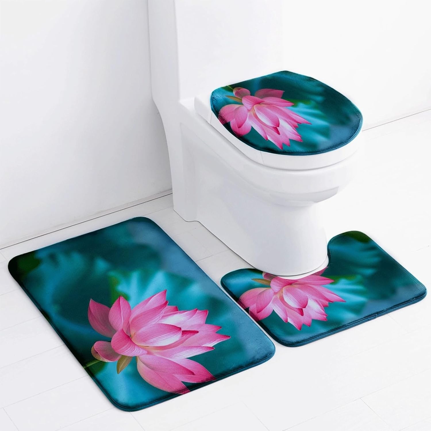 Set di tappetini da Bagno 3 Pezzi Verde Rosa Fiore Antiscivolo per Bagno Tappeto Lavabile in Memory Foam Tappeto copriwater tappetini a Forma di U 50x80 cm