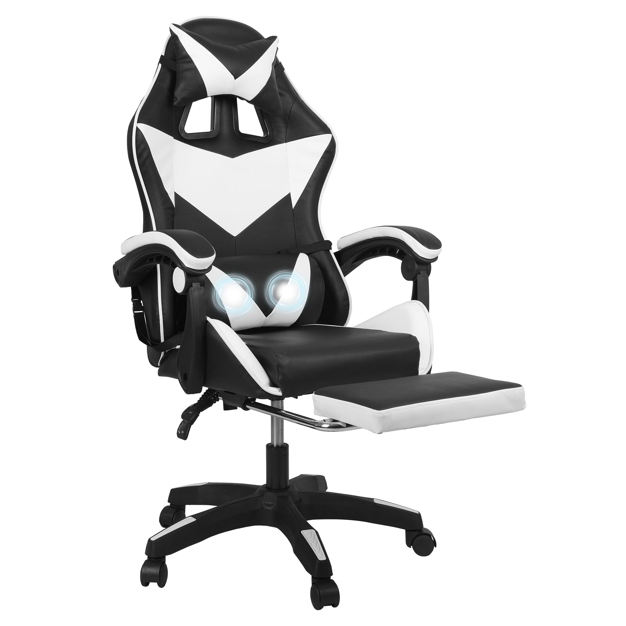 Gaming Chair Ergonomic Drafting Chair Tall Office Chair with Lumbar Support and Adjustable Footrest Headrest Height-Adjustable and Adjustable Reclining (Gaming Chiar-Footrest-Massage, Black+White)