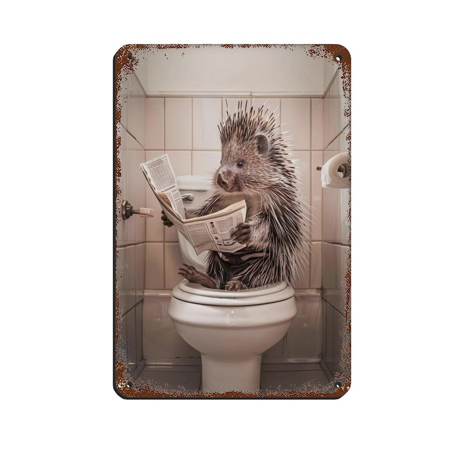 Porcupine Sitting on The Toilet Reading A Newspaper (10) Retro Poster Metal Tin Sign Chic Art Retro Iron Painting Bar People Cave Cafe Family Garage Poster Wall Decoration 8x12inch(20x30cm)