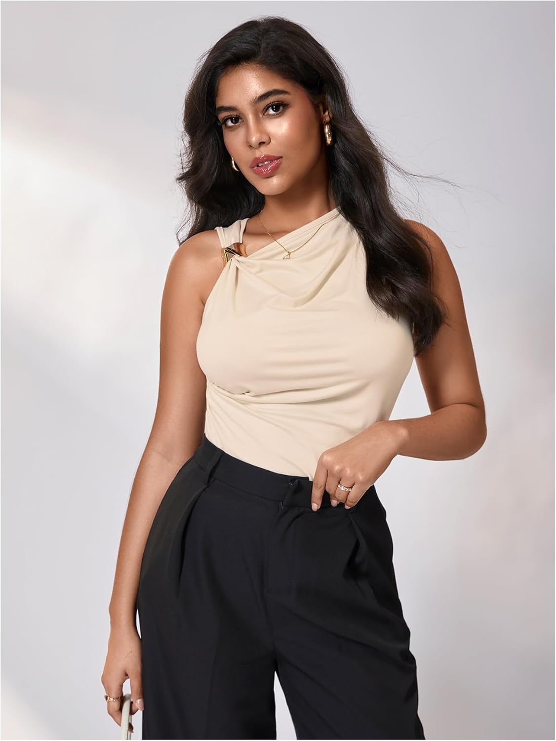 MakeMeChic Women's Asymmetrical Neck Tank Top Ruched Sleeveless Dressy Shirt Old Money Tops - Image 5