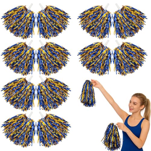 Hslife 12 Pcs Cheerleading Pom Poms Cheer Pompoms Bulk with Metallic Foil Handle Lightweight for Cheerleading Sports Games Party Dance Costume Accessories (Blue Gold)