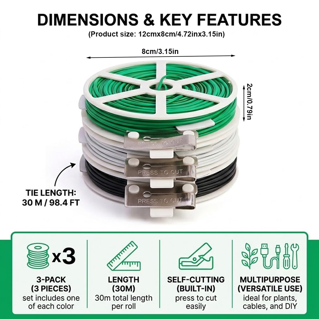 3x30m Filo di Ferro Plastificato - Legacci per Piante e Pomodori, Filo Legatura con Taglierino e Supporto, Resistente UV, Modellabile, per Giardino, Cavi e Fai da Te – Verde, Bianco, Nero