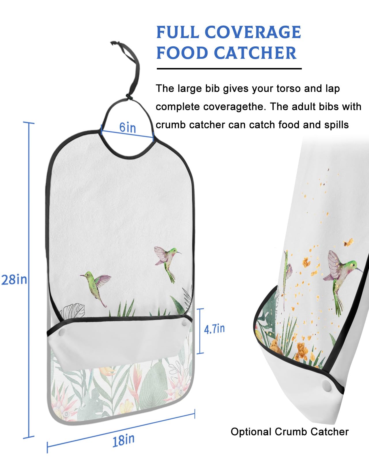 Adult Bibs for Elderly Women - Pastoral Botanical Waterproof Dining Clothing Protectors with Crumb Catcher for Eating/Feeding, Summer Tropical Palm Leaves Birds Terry Cloth Bib Machine Washable