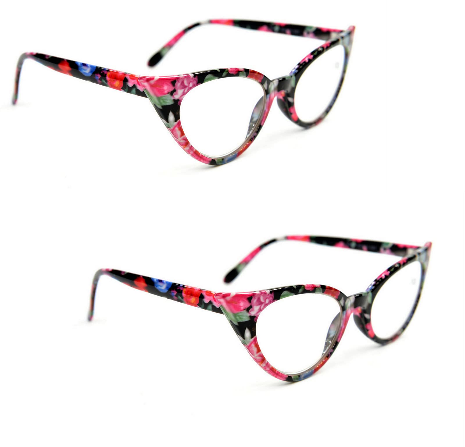 Fads & Fashions 2 Pairs Mix N Match Cat Eye Reading Glasses Sun Readers & Sunglasses UV400 Retro 1960s Metal Hinges MT57 (2 x Floral Reading Glasses, 2.5)