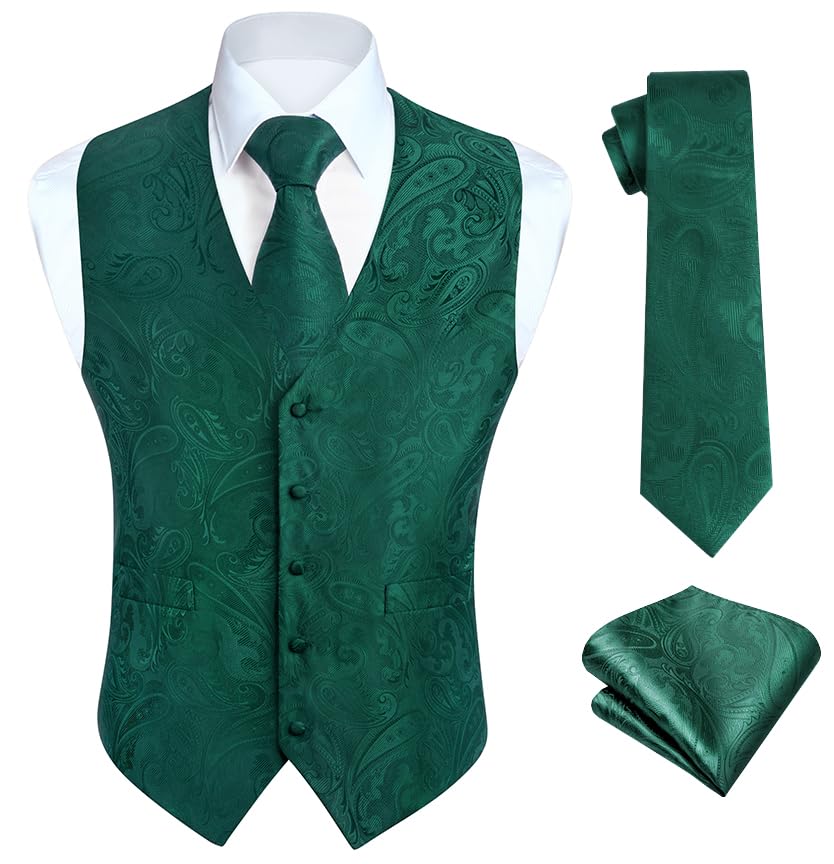 HISDERN Gilet Costume Homme Vert Paisley Floral Jacquard Avec Cravate et Poche Carré Pour Mariage, Fête, Affaires - Ensemble, Taille L