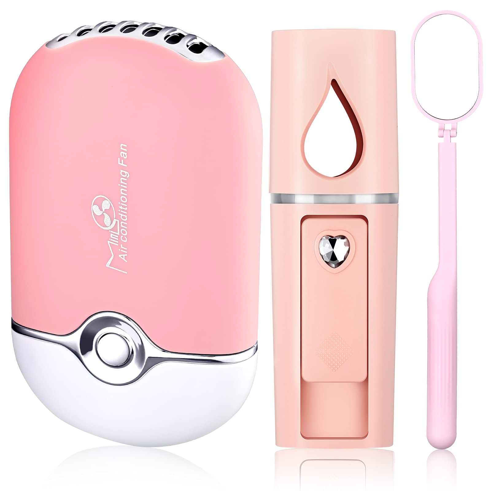 Honoson 3 Pcs Nano Mister for Lash Extensions Mini USB Lash Fan Dryer for Eyelash Extensions Handheld Eyelash Mirror Portable Facial Steamer 20 ml Water Tank(Heart Style,Pink)