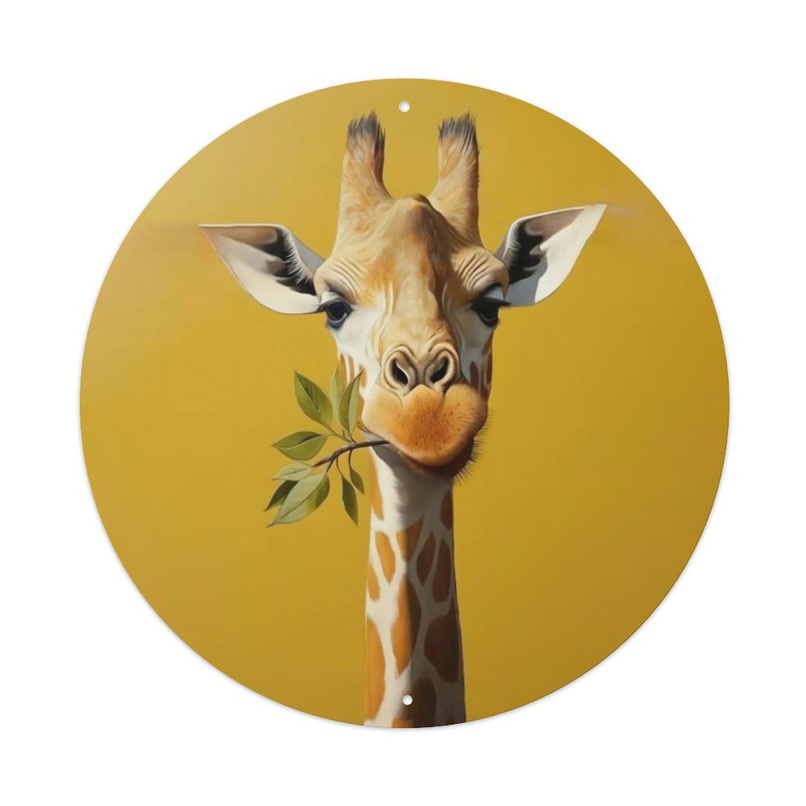 Animal Giraffe Minimalist Illustration with Green Leaves Vintage Metal Tin Sign Plaque Wall Decor for Cafe, Club Bar, Office, Garden Metal Poster 8x8Inch