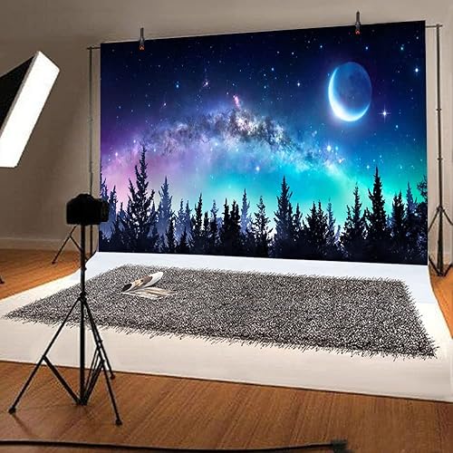 Miniatura 4 de AOFOTO Telón de fondo de bosque nocturno estrellado de 5 x 3 pies, hermoso universo, galaxia, estrellas y luna, naturaleza, cielo de verano,