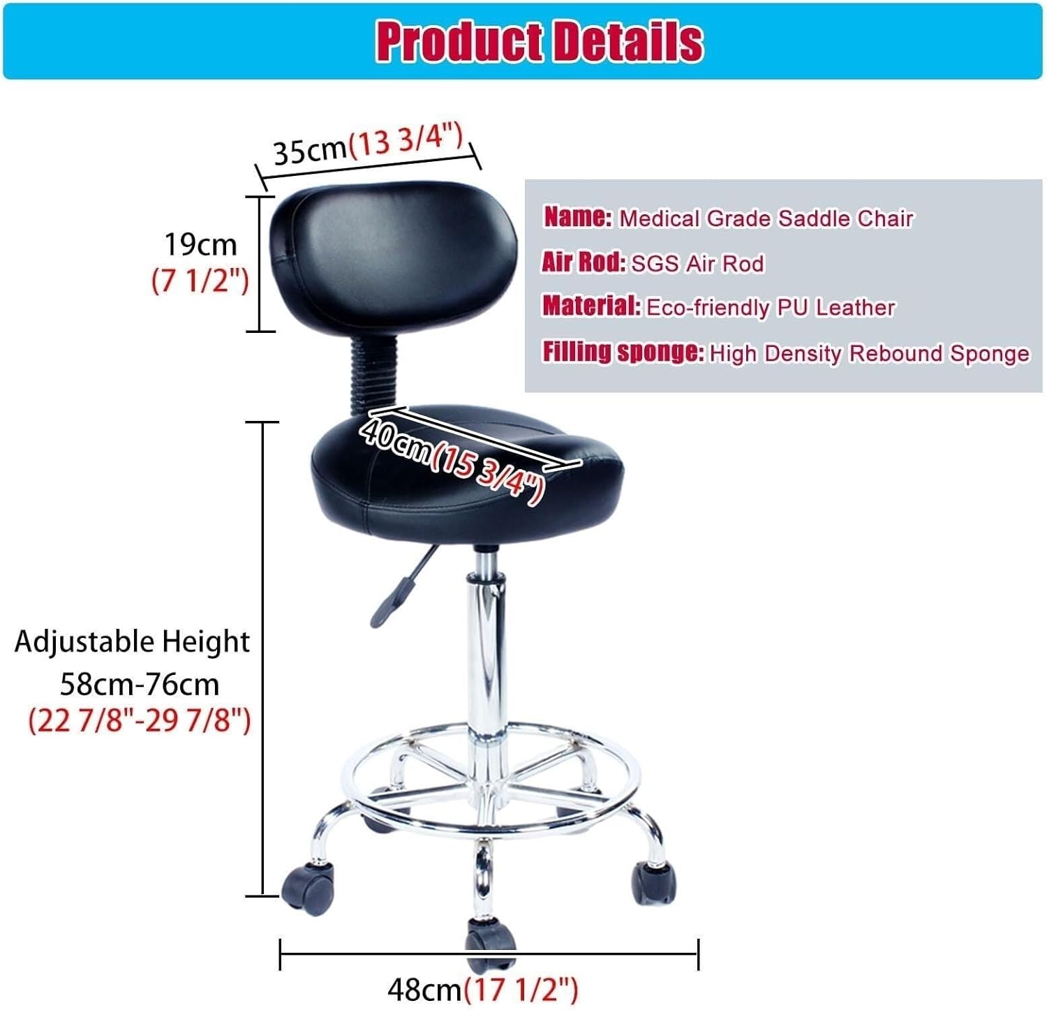 Ergonomic Swivel Saddle Chair with Backrest & Footrest, Rolling Stool for Dental Esthetician Use, Height Adjustable 58-76cm, Heavy Duty, 360° Wheels, Max 200KG